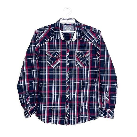 BKE Buckle Embroidered Red Black‎ Plaid Western Pearl Snap Shirt Rodeo Y2K - XL - Picture 1 of 6